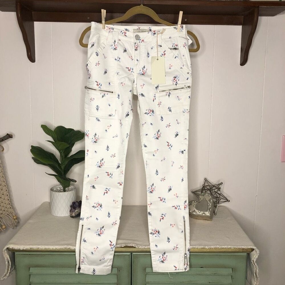NWT Joie Floral Print Skinny Cargo Pants Jeans White Size 26
